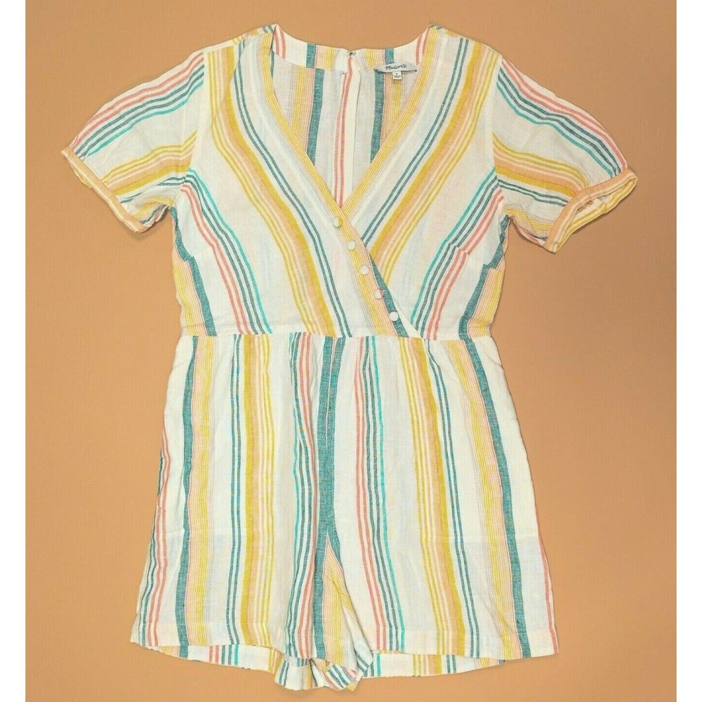 Madewell Striped Short Sleeve V-Neck Romper in Cream, Yellow, Teal, Pink